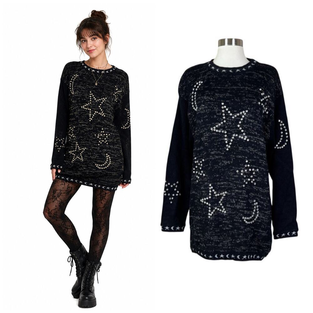 Vintage | 90s Moon Stars Rhinestone Sparkle Black Silver Pullover Sweater Small